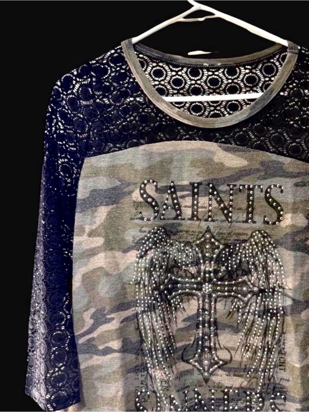 Womens Camoflauge Shirt size M Medium Black Lace Cross Saints Goth Grunge Camo